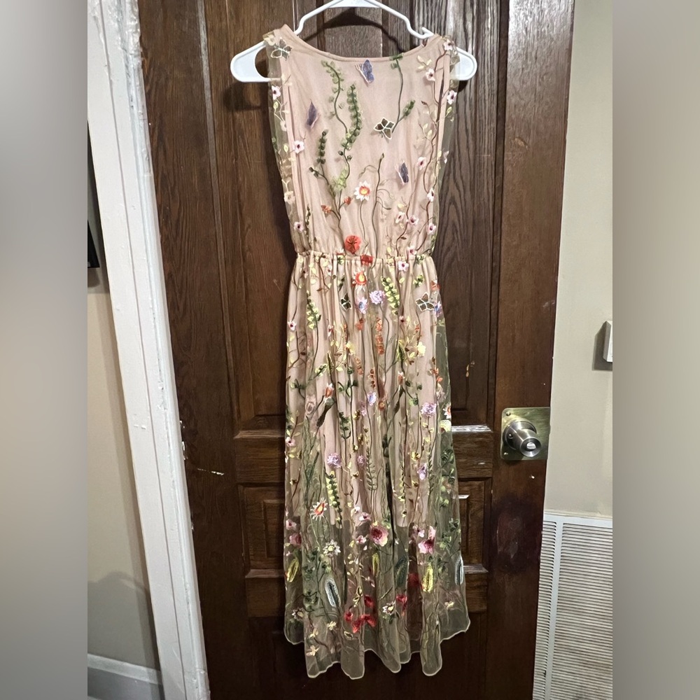 ANTHROPOLOGIE Eva Franco Beige Floral Embroidered Midi Dress